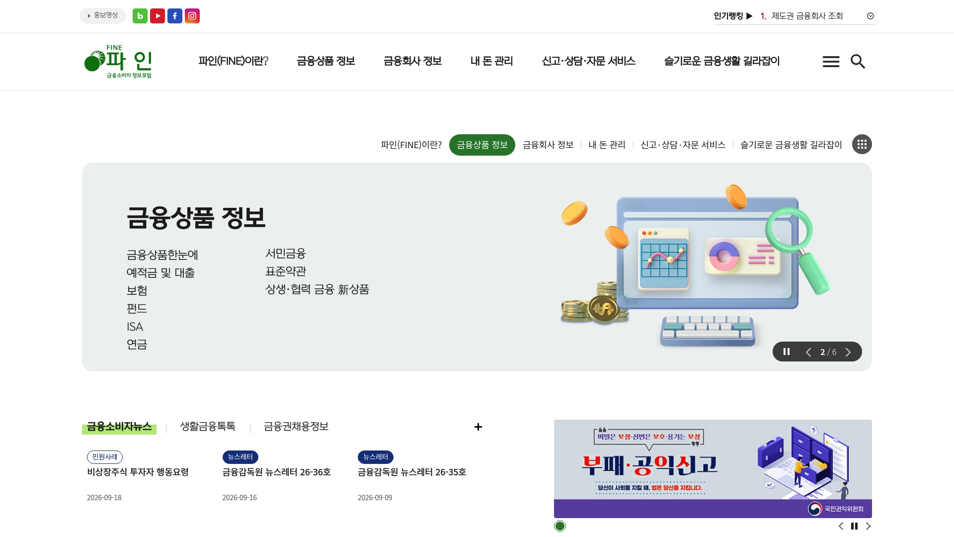금융소비자포털 파인 홈페이지 화면